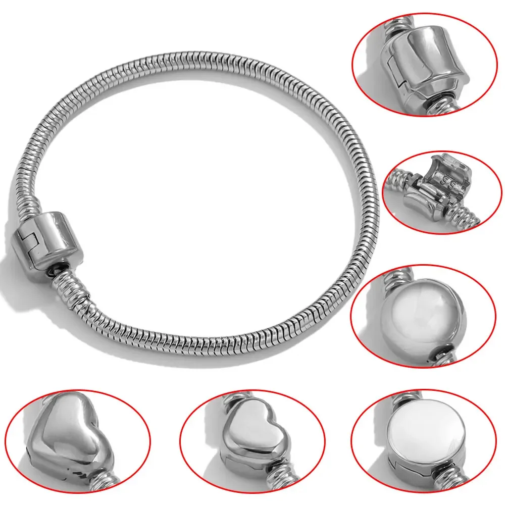 Stainless Steel Charm Bracelet Heart Clasp Snake Chain Hanging Bracelets Fit Charms Beads DIY Jewelry Making Supplies Wholesale