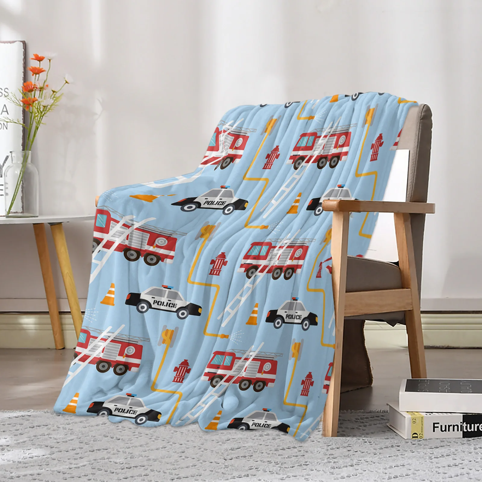 Toy Police Car Fire Truck Vehicle Cartoon Printed Throw Blanket Flannel Fleece Blankets for Sofa Couch Bed Bedroom Bedspread