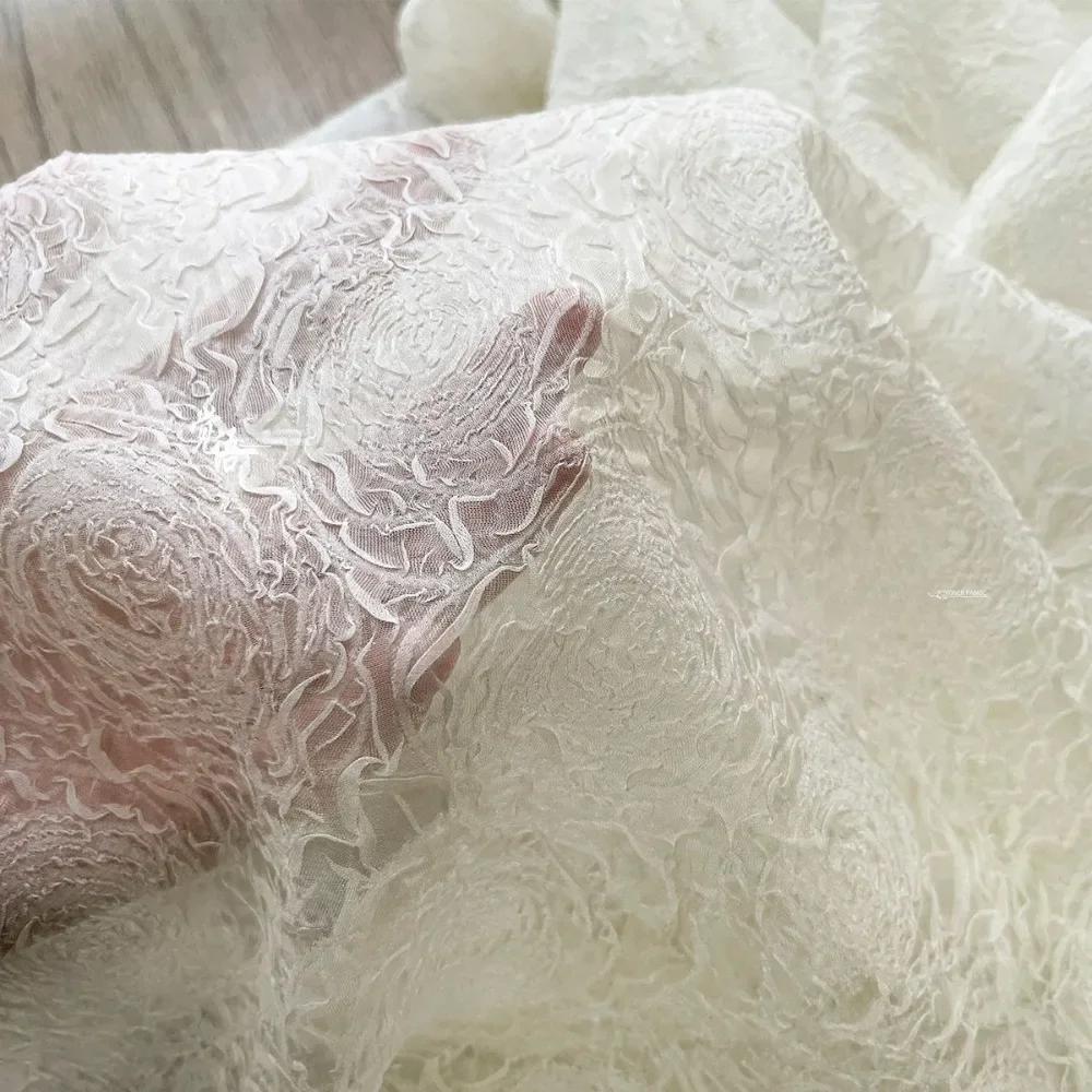 White 3D Rose Embossed Crepe Chiffon Lace Mesh Fabric for Wedding Dress Formal Gown Sheer Textured Net Tulle Material
