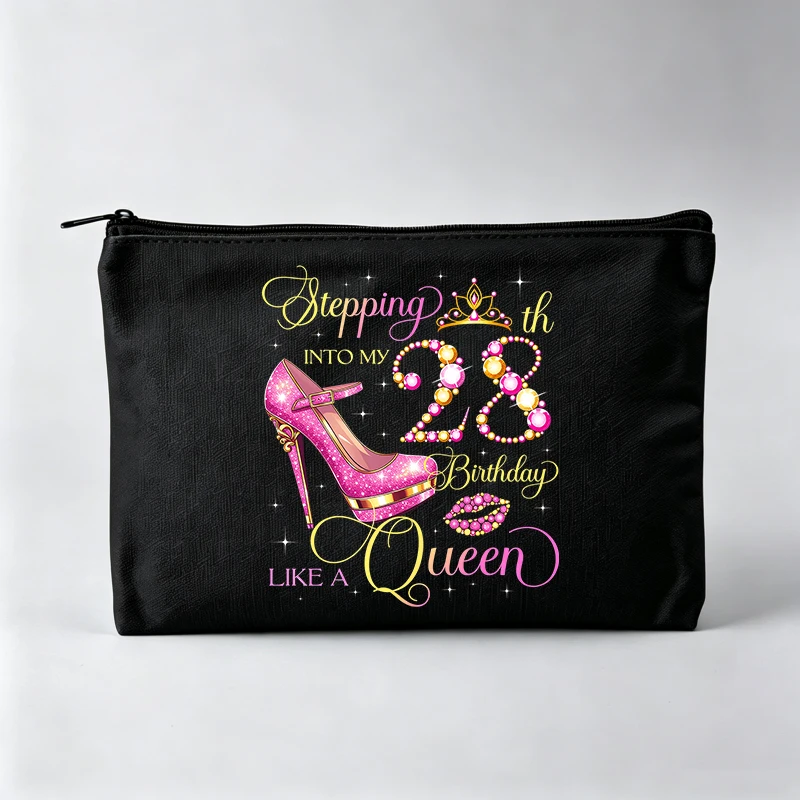 Women's High Heel and Number 28 Print Makeup Bag, Fashion Cosmetic Pouch for Birthday Celebration