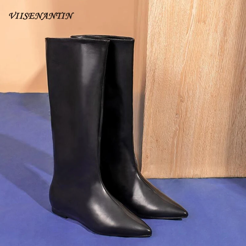 Women Knee High Boots Suede Leather Slip on Knight Boots Pointed Toe Low Heel Solid Color Warm Winter Autumn Boots Shoes Females