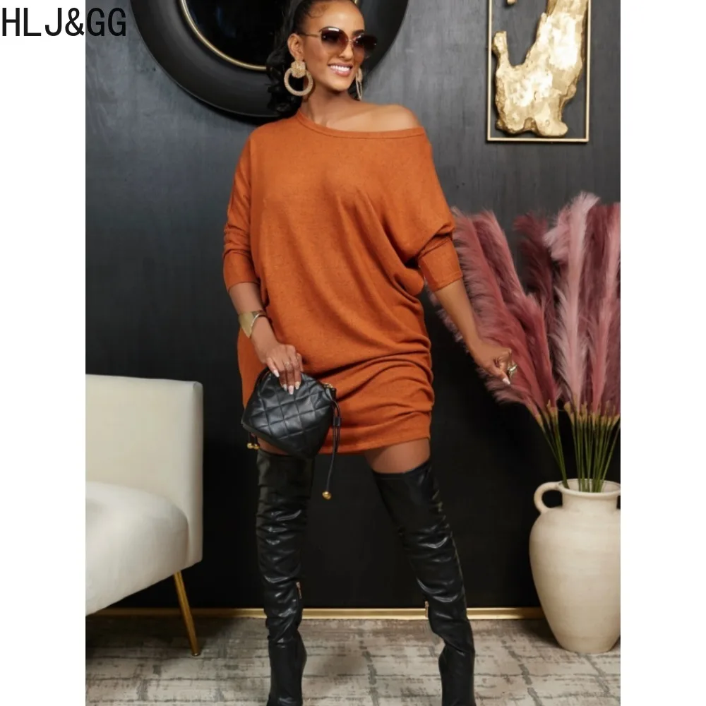 

HLJ&GG Fashion Street Style Women One Shoudler Long Sleeve Loose Dress Women Back Button Mini Dress Casual Female Solid Vestidos