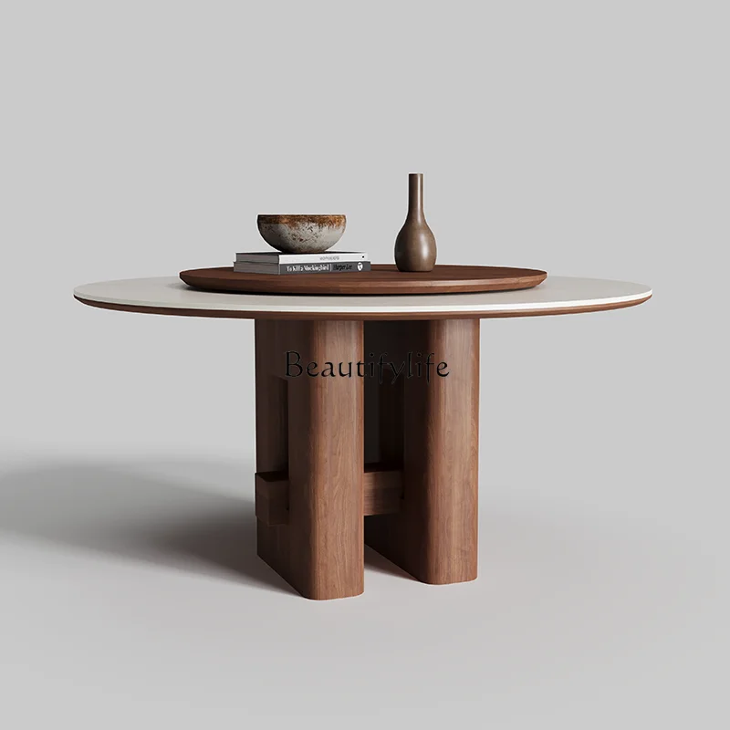 

Retro solid wood travertine dining table round with turntable modern simple rock slab round dining table