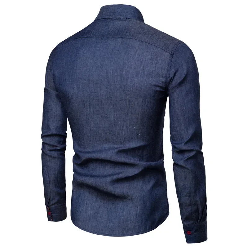 Autumn Men\'s Pocket Panel Leather Long Sleeve Shirt Anti Denim Versatile Slim Fit Shirt