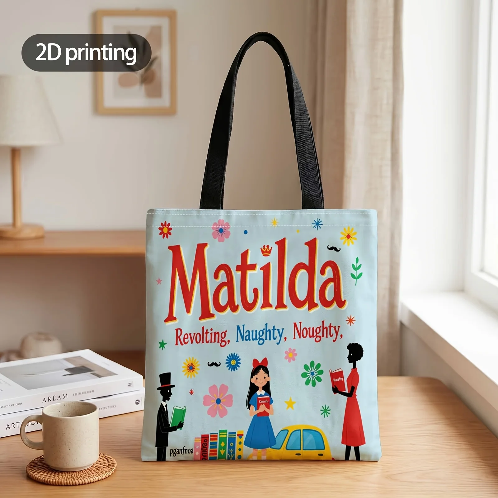 1pc 2D Printed Handbag with Matilda Reads Books Pattern, Reusable Fashion Shoulder Bag Handbag Shopping Tote Bag Suitable for Sh