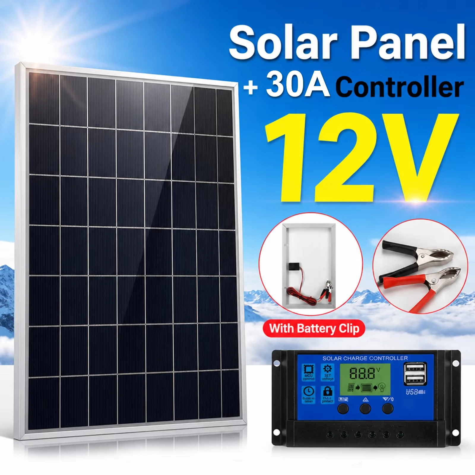 Kompletny zestaw paneli słonecznych 12V o mocy 30W, przenośny, zewnętrzny, ładowalny generator solarny do użytku domowego.