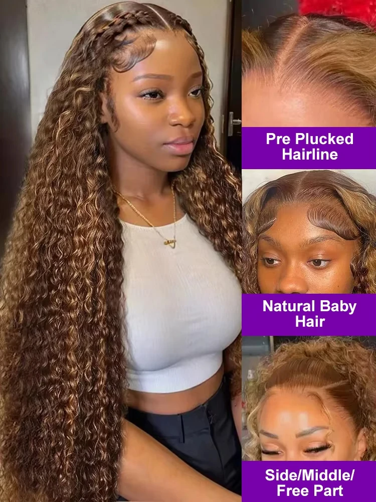 250 Density Highlight Ombre 13x6 Curly Real Human Hair Wigs 30 38 Inch Brazilian 4/27 Colored Deep Wave 13x4 Lace Frontal Wigs