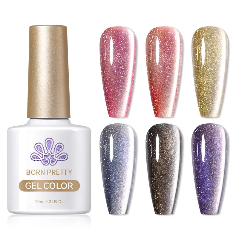 BORN PRETTY 6Pcs Gold Reflective Moonlight Gel Nail Polish Cat Magnetic Aurora Spar Glitter Semi-Permanant Varnish Nail Art