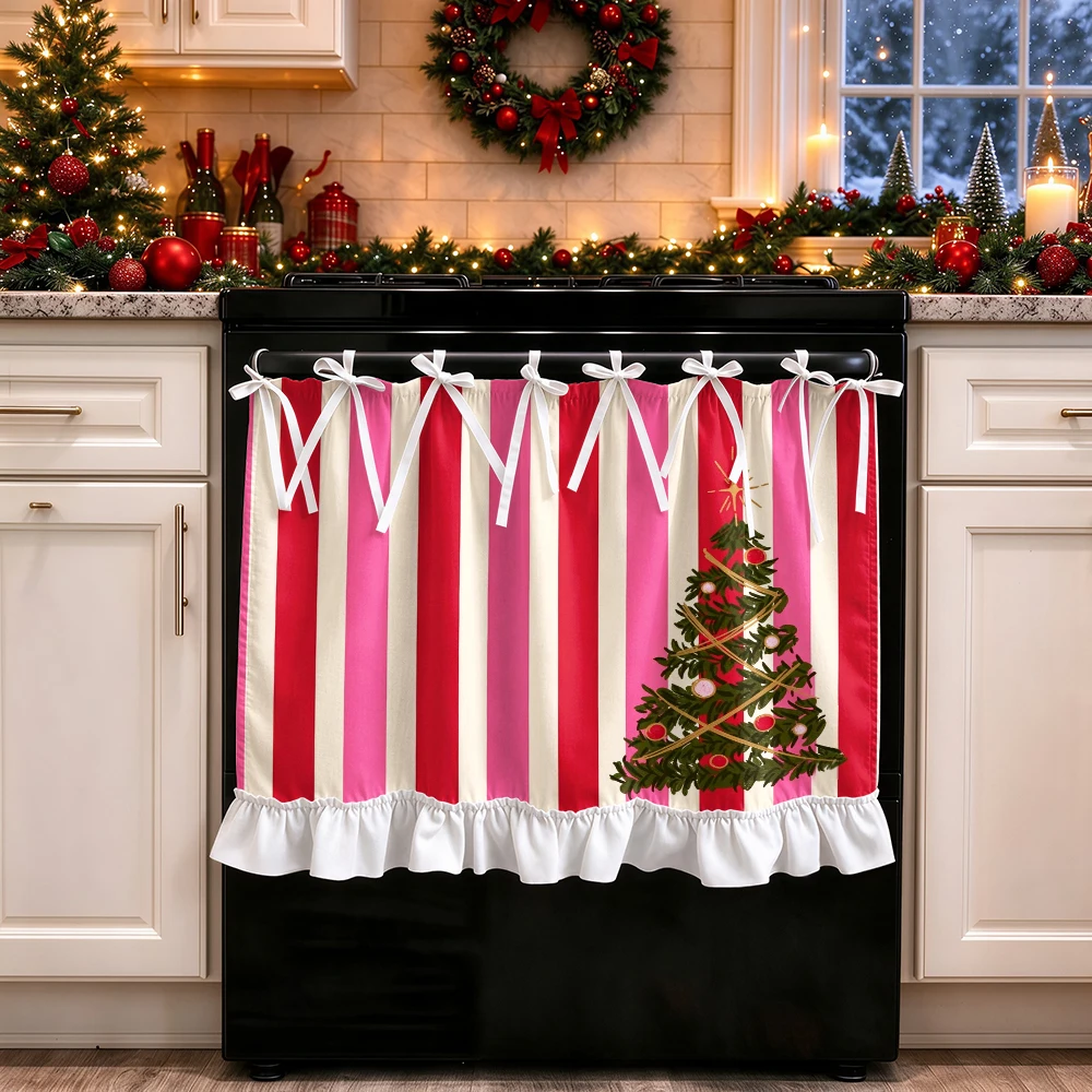1PC Christmas Tie Up Kitchen Curtain, Pink Red Stri, Digital Print, Kitchen Dining Room Cafe Office, Home Decor Window Treatment