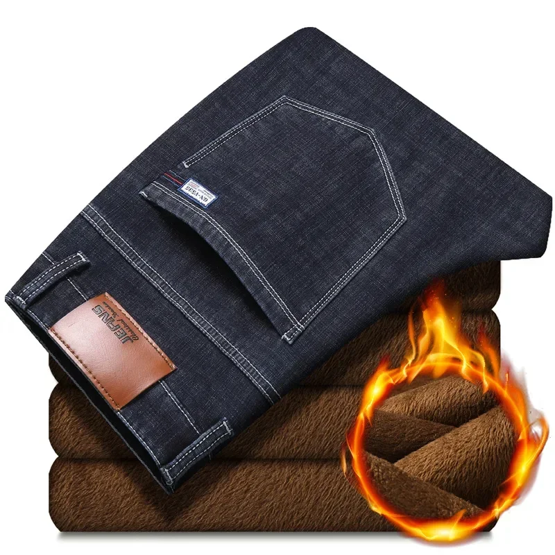 Men Winter Fleece Denim Jeans Straight Fit Stretch Jeans Smart Casual Pants High Quality Men Thicker Warm Black Jeans Trousers44