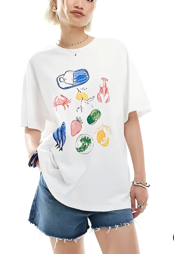 Women Summer Casual Loose T-shirt Fashion Fruit Seafood Print Short Sleeve Tops Teen Girls Chic Tees for Daily Wear