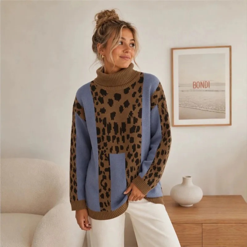 MsChuh Women Jumper Comfortable Pullover All-match Loose Simple Sweater Commuting Personality Daily Leopard Print High Neck Chic