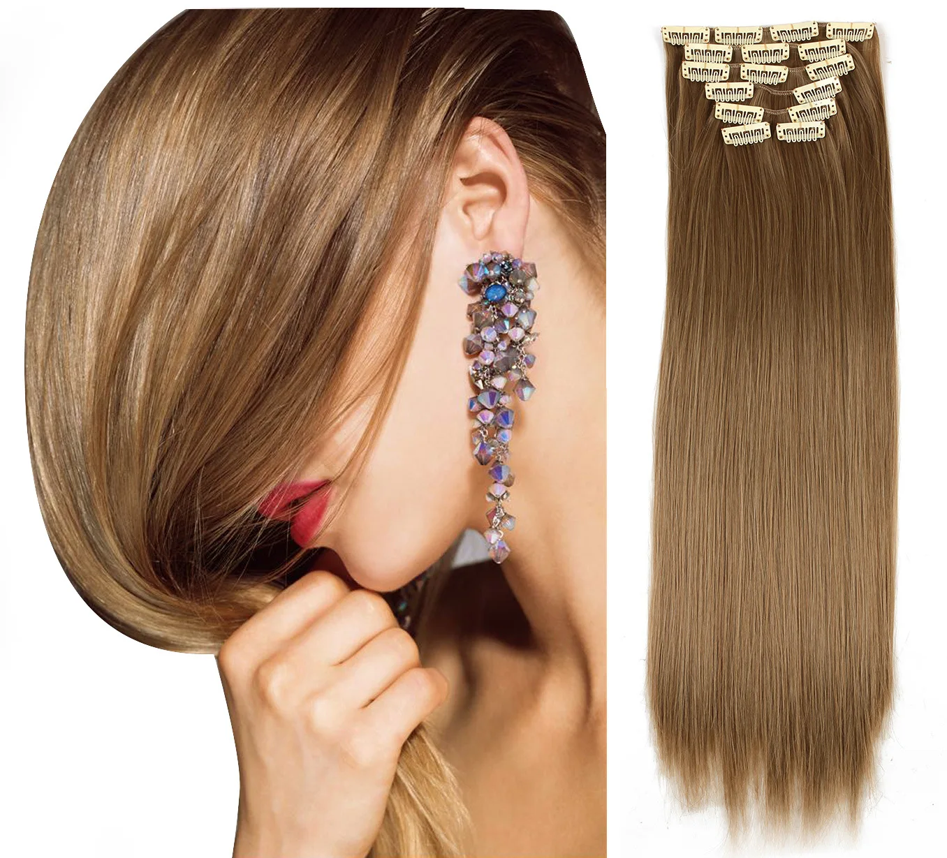 16 Clips, Wig, Personalized Design with Long Straight Hair, Multiple Colors, Matte Synthetic Material, New Product