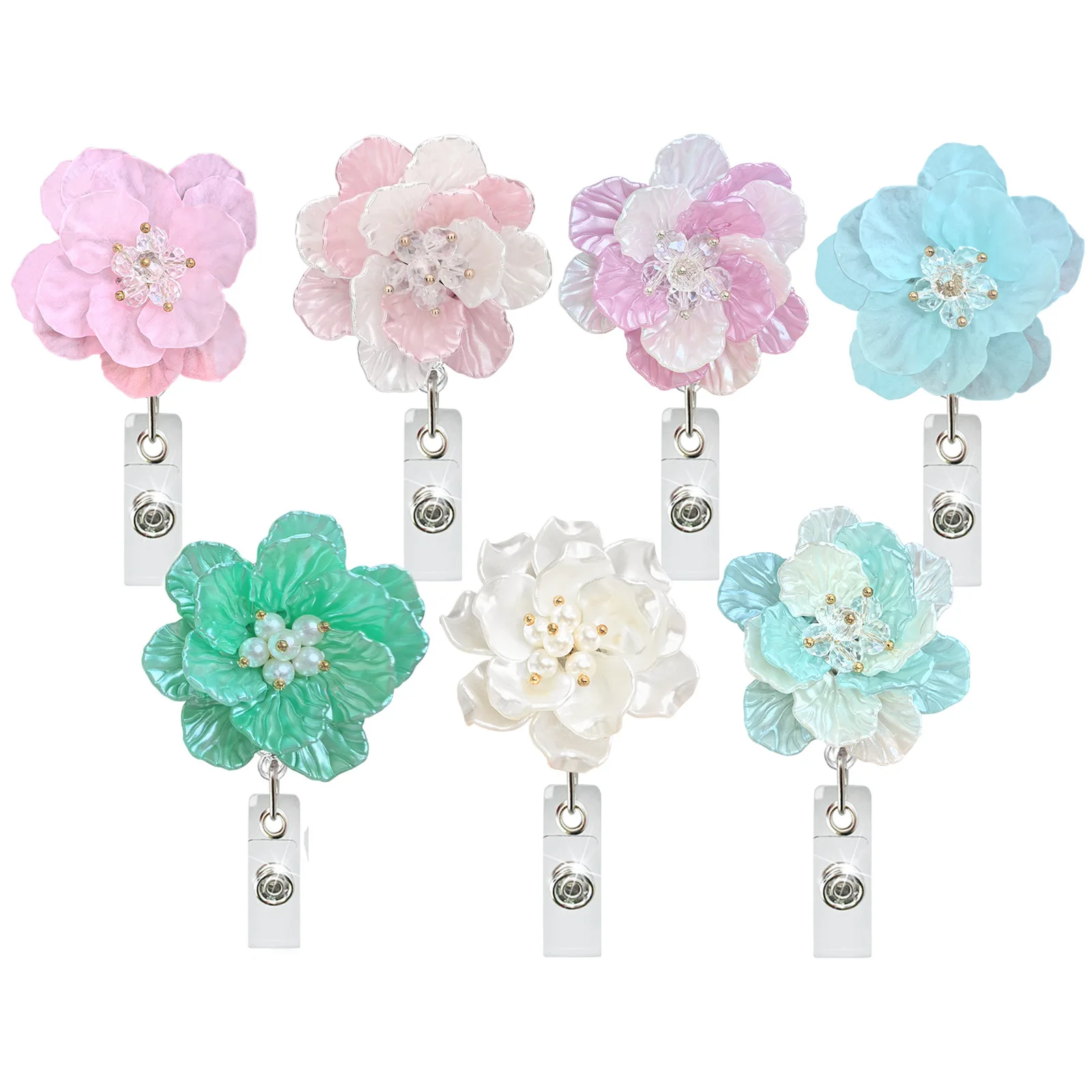 Beaded Flower Rotatable Retractable Badge Reel, Badge Scroll ID Holder Gift for Teacher, Nurse and Student