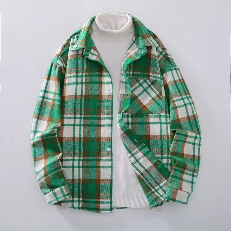 Men's Long Sleeve Solid Color Casual Shirt Korean Loose Trend Polo Shirt with Multi Pocket Printing for Autumn Winter