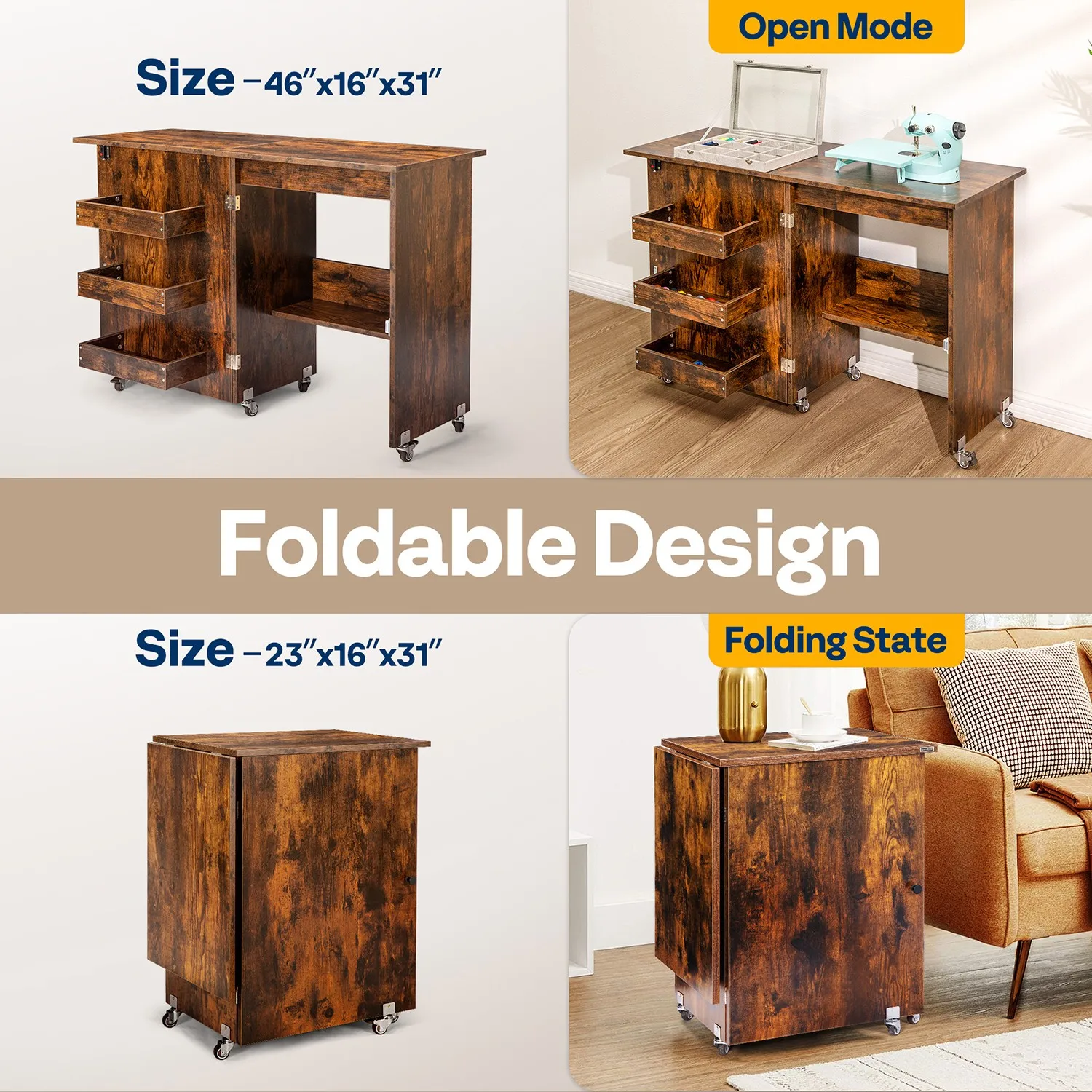 Folding Sewing Machine Table Multipurpose Cabinet with 1 Storage Shelves 3 Trays view 2