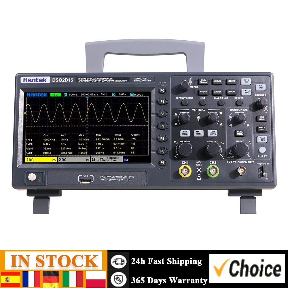 Hantek DSO2D15 Digital Oscilloscope Meter Oscillograph Oscillometer 2 Channels 150MHz Band Width 1GSa/s Sampling Rate 800 * 480