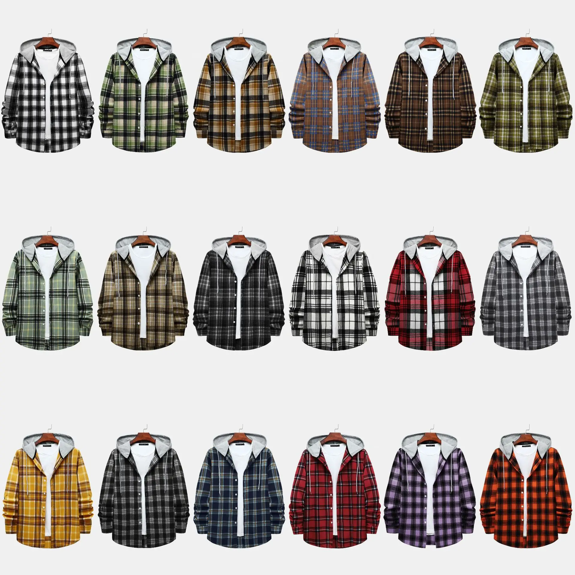 Men\'s Hooded Plaid Shirt Jacket Casual Shirt Jacket