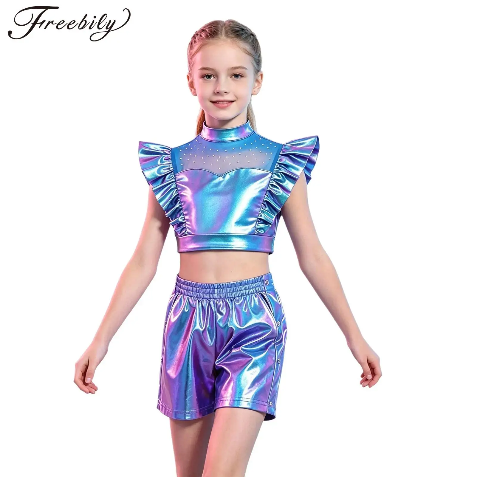 Kids Girls Jazz Dance Outfit Sleeveless Mesh Rhinestone Metallic Crop Top with Shiny Shorts for Street Hip Hop Party Performance