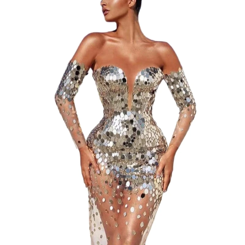 Women Long Sleeve Bare Shoulder Sequined Mesh Hip Wrapped Cocktail Bodycon Dress N7YE