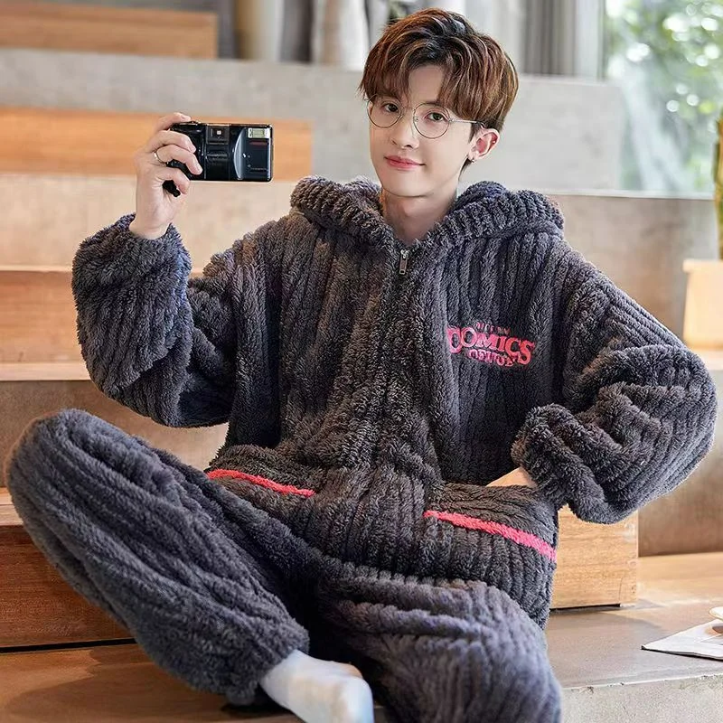 

Men's Fall Winter Coral Velvet Plus Fleece Thickened Winter Student Flannel Teen Homewear Set Embroidery Color Letters Comfort