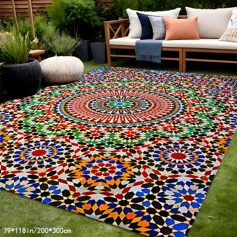 VIKAMA Moroccan Area Rug Colorful Mosaic Geometric Mandala Tile Print Non‑Slip Washable Indoor Outdoor Patio Floor Mat