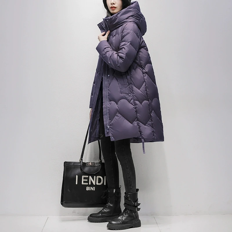 黒色の中長丈ダウンジャケット レディース 2026年冬新作 韓国版 90%ホワイトダックダウン ファッション フード付き 厚手パーカーコート