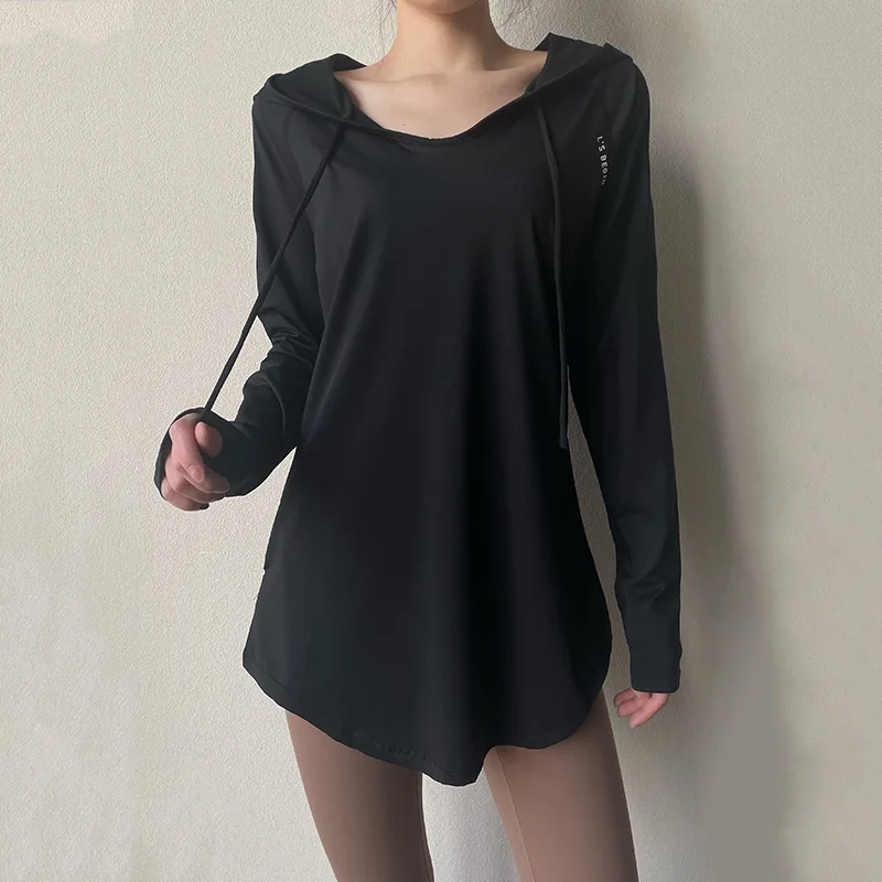 Long Sleeved Women Gym Clothing Solid Yoga Shirts V-neck Sports Top Fitness Hooded Tops Gym Training Shirts Female Sportswear