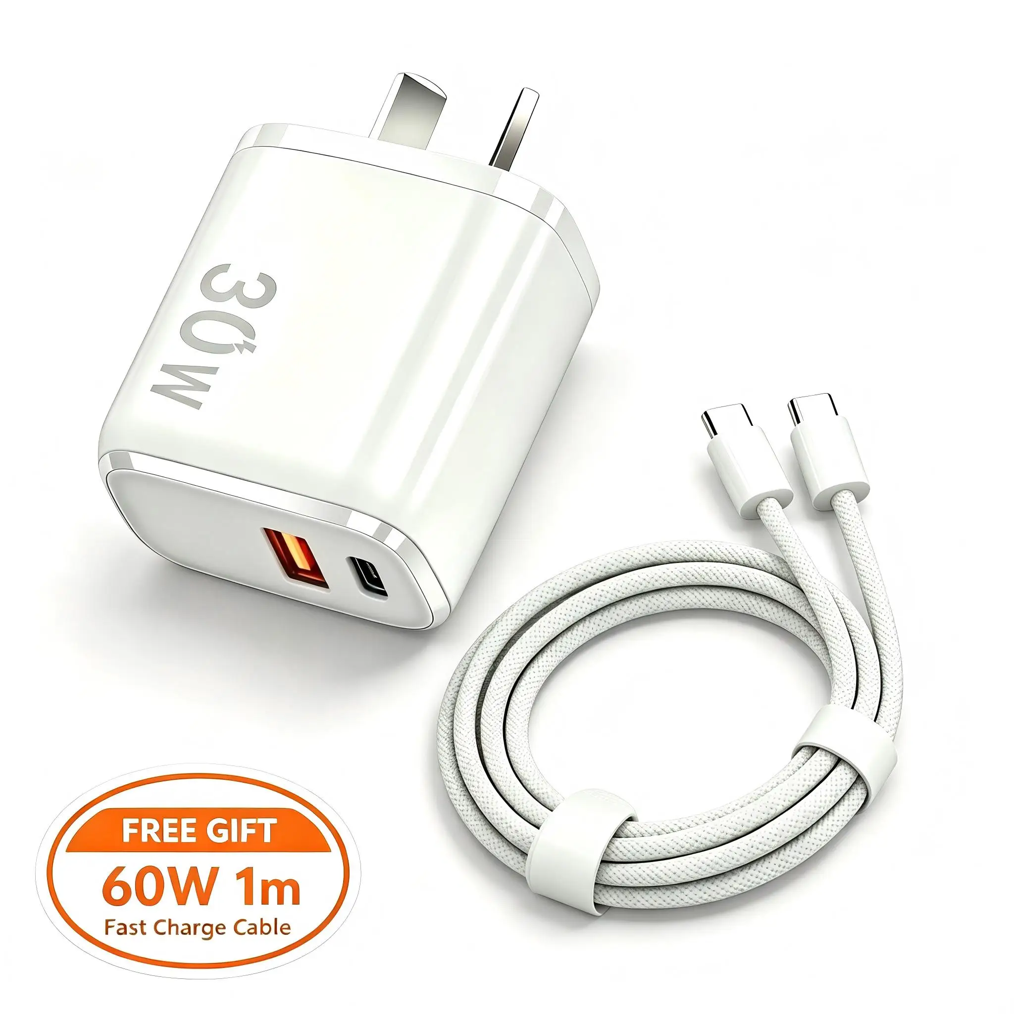 With Free 60W 1m Cable 30W GaN Dual Port Charger PD QC3.0 SCP Fast Charging Travel Wall Charger For iPhone 16 15 Samsung Xiaomi