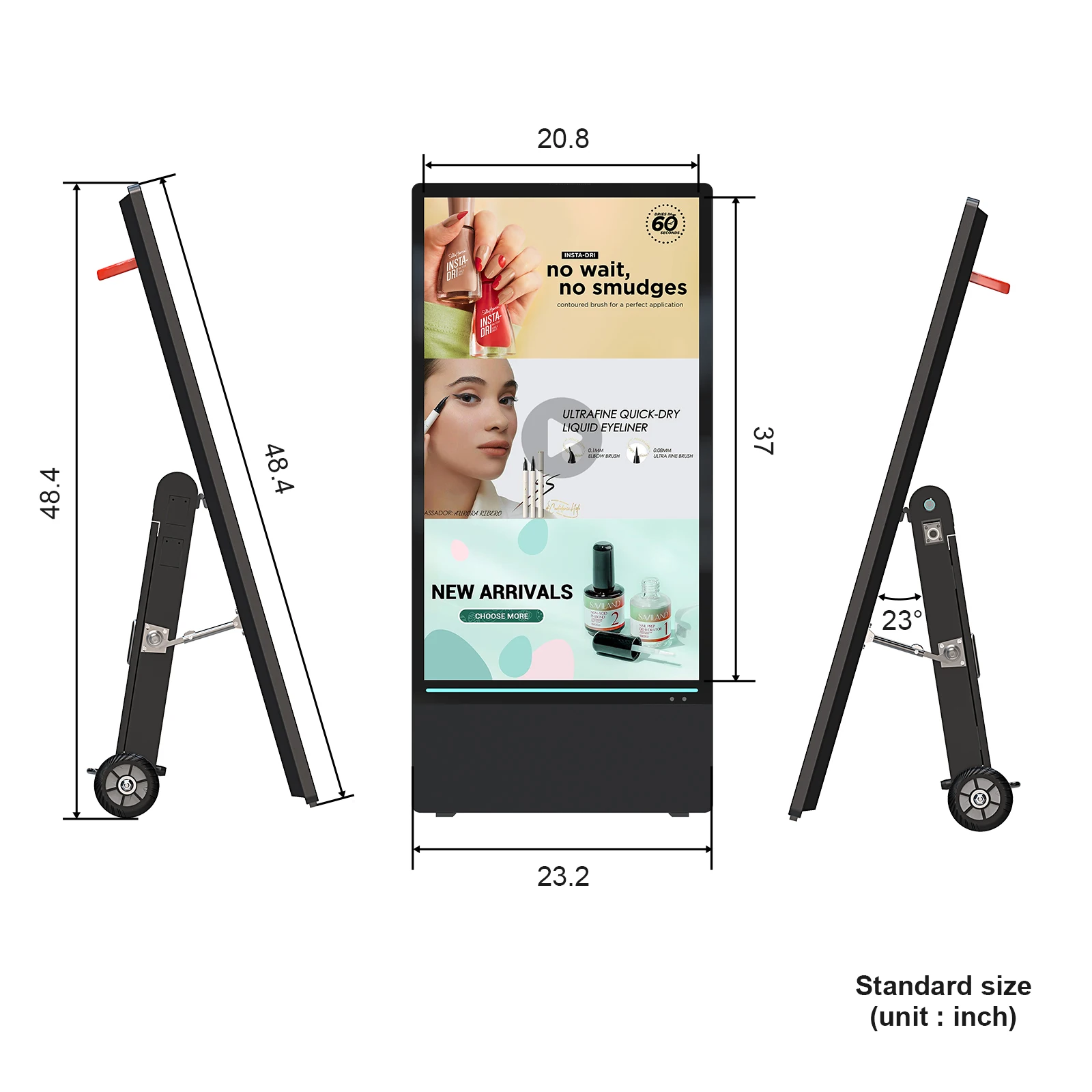 شاشات لافتات رقمية محمولة قابلة لإعادة الشحن مقاس 43 بوصة من NWE، مقاومة للماء IP55، شاشة مقسمة LCD ذكية، كشك متحرك