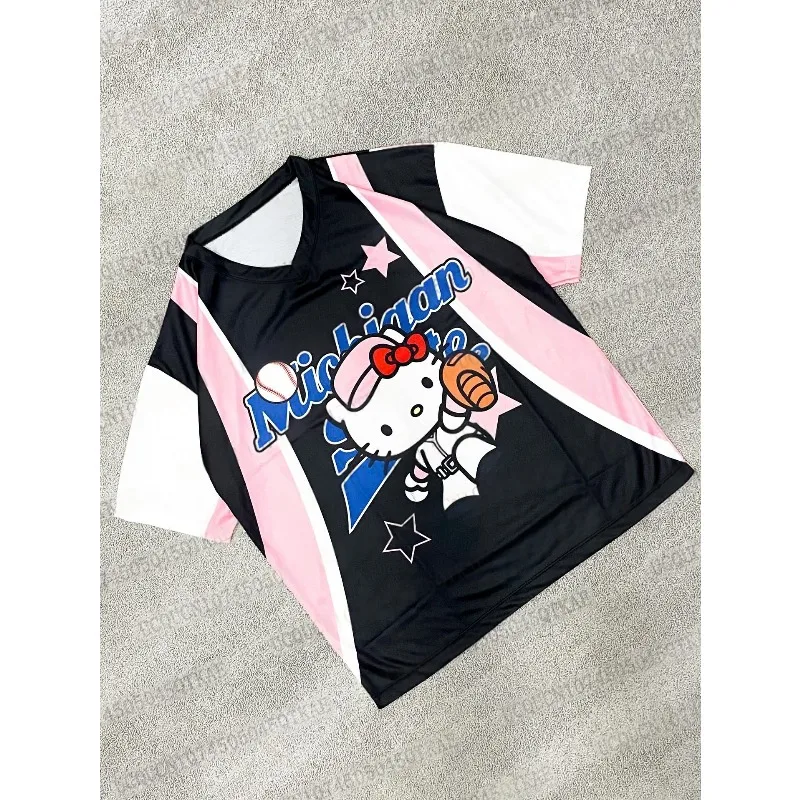 2025 طباعة Hello Kitty الجديدة اللطيفة، ملابس قابلة للتنفس ومريحة برقبة على شكل حرف V سريعة الجفاف
