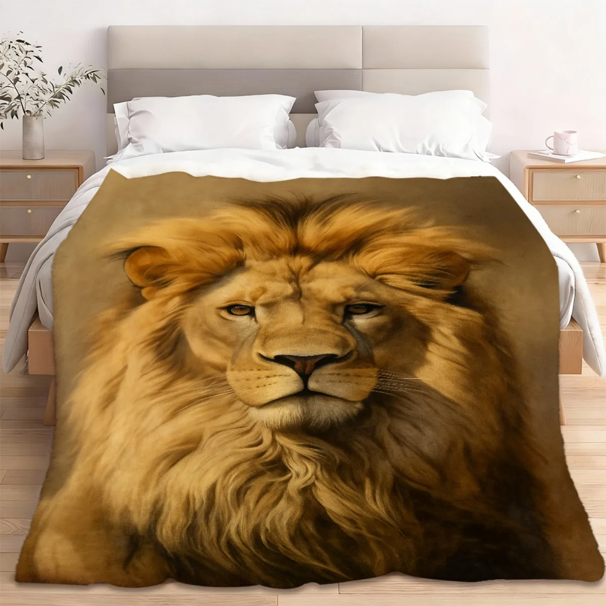 Luxury Lion Head Blanket Throw Polyester Fleece Realistic Animal Print Safari Decor King Gift Couch Bed Throw Accent Cover