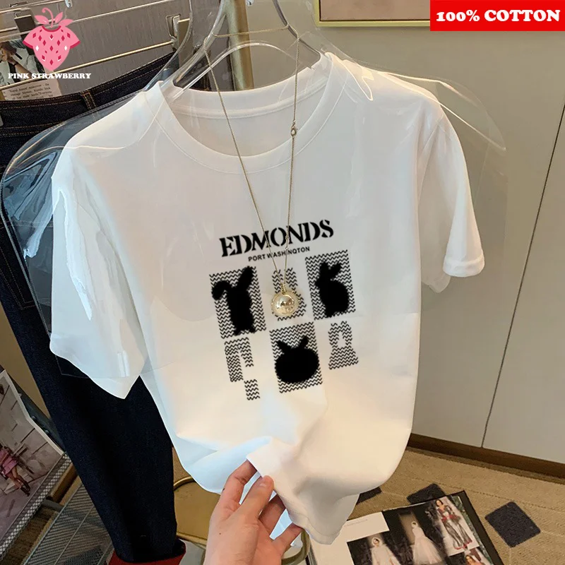 

100% Cotton White Print T-shirt Women Summer 2025 New Korean Popular Short sleeve T-shirt Casual comfort Y2k Top Female clothing