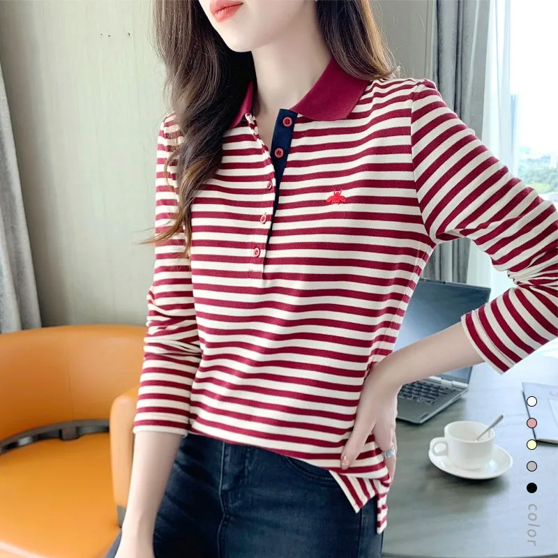 2023 Spring and Autumn Women's Pullover Polo Neck Stripe Loose Fit Bottom Shirt Casual Fashion Elegant Commuter Long Sleeve Tops