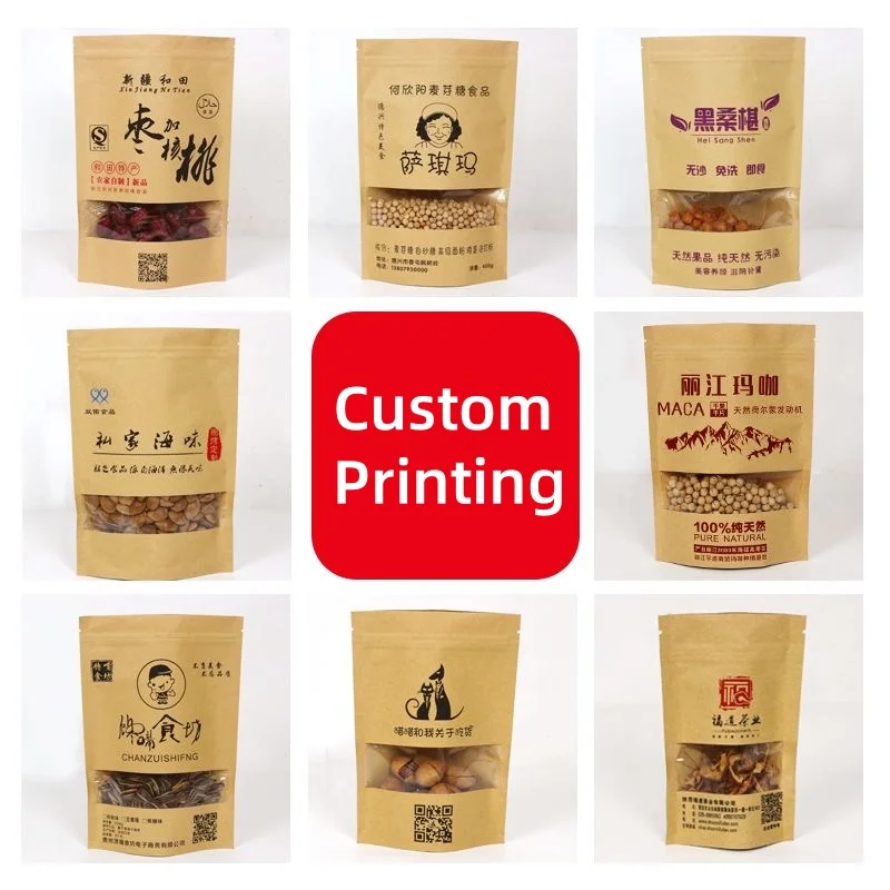 Standing Zipper Bag with Window, Kraft Paper Bag, Custom Printing, Nut Sugar Tea Snack Fried