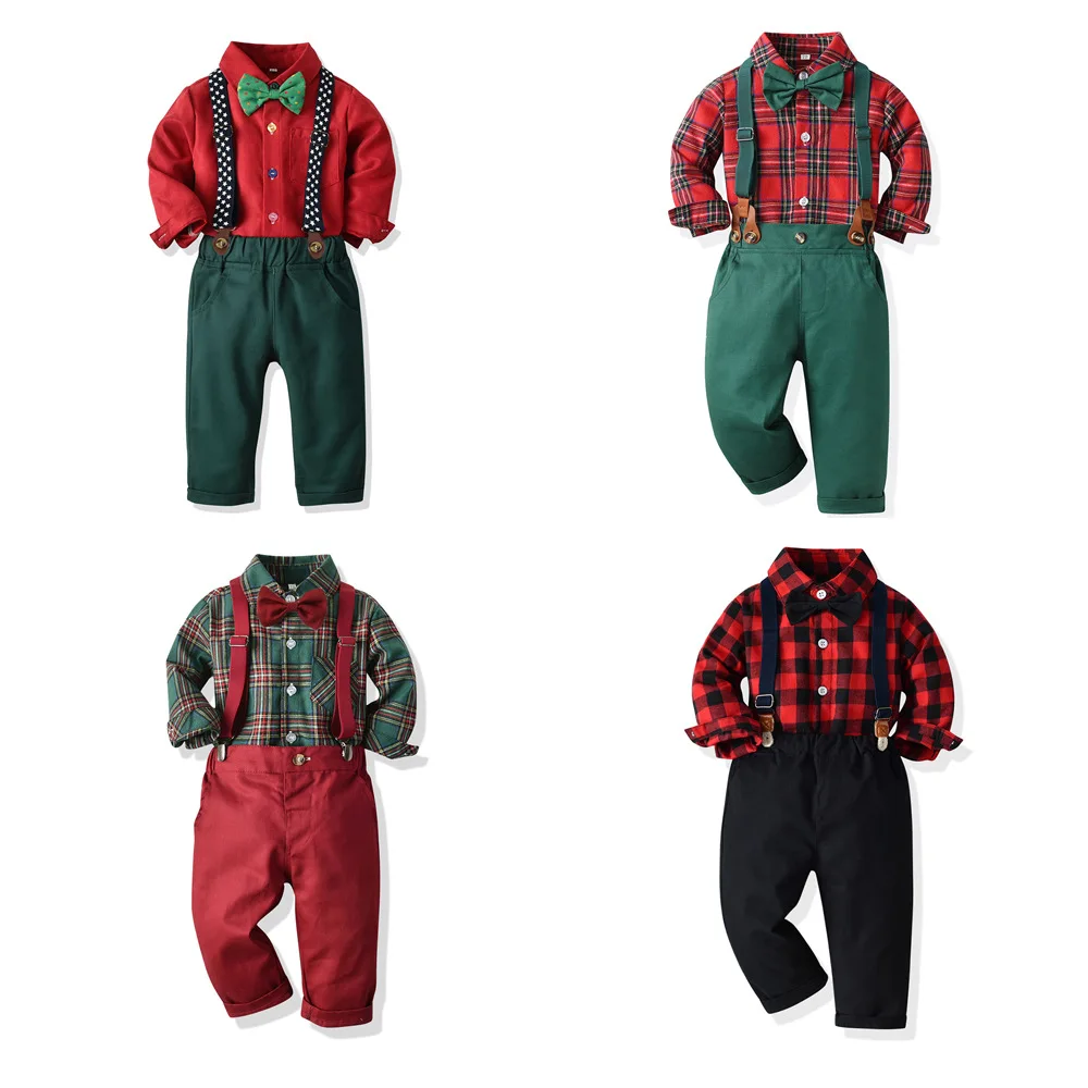 Autumn and winter children\'s clothing set boys\' long sleeved plaid shirt suspenders Christmas Eve clothes