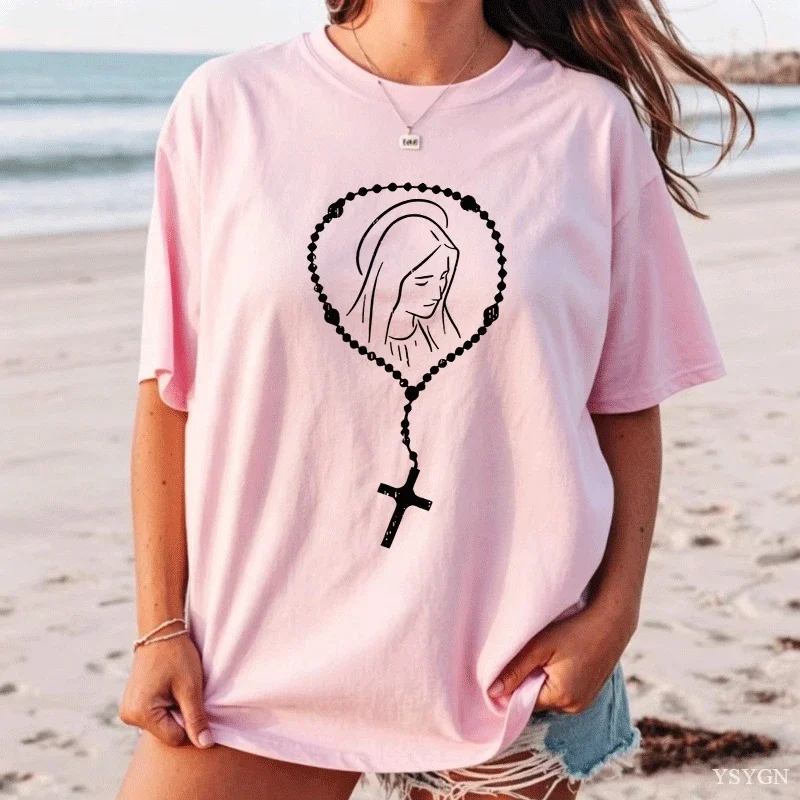 Virgin Mary God Jesus Faith Religious Catholic T-Shirt Women Print Short Sleeve Round Neck T Shirt Casual Top Woman Tops
