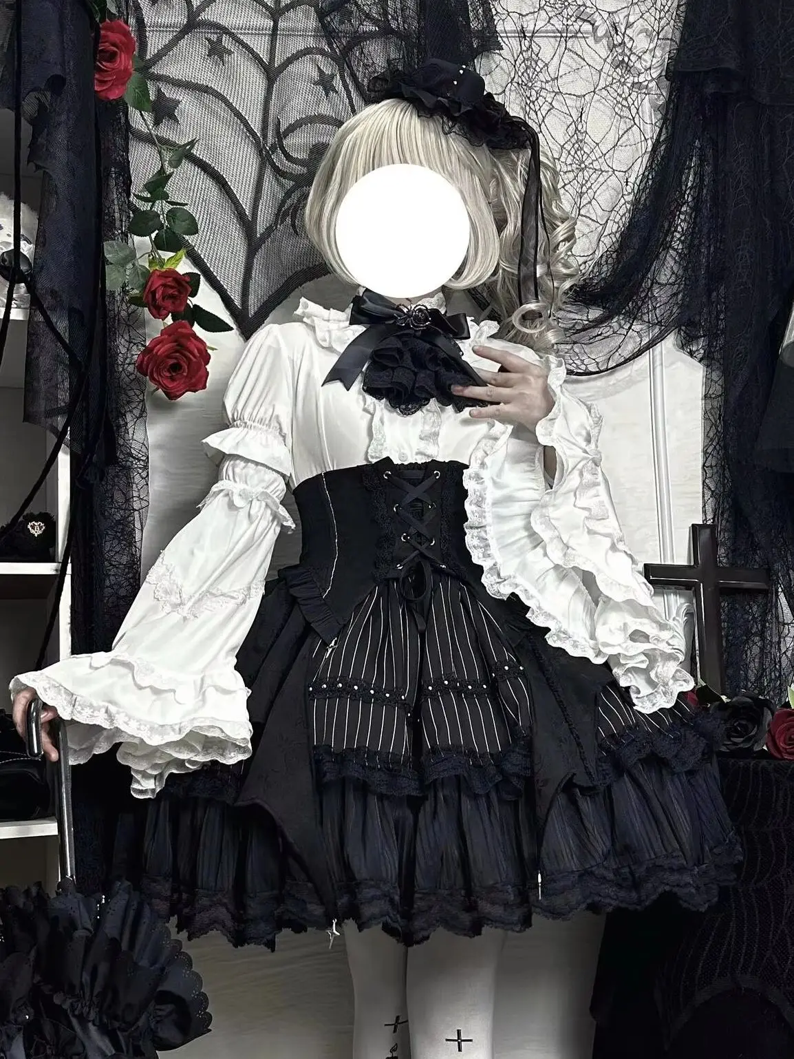 Y2K Vintage Gothic Shirt Lolita Women Dark Palace Style Black & White Inner Blouse Slim-Fit Hime Sleeve Top