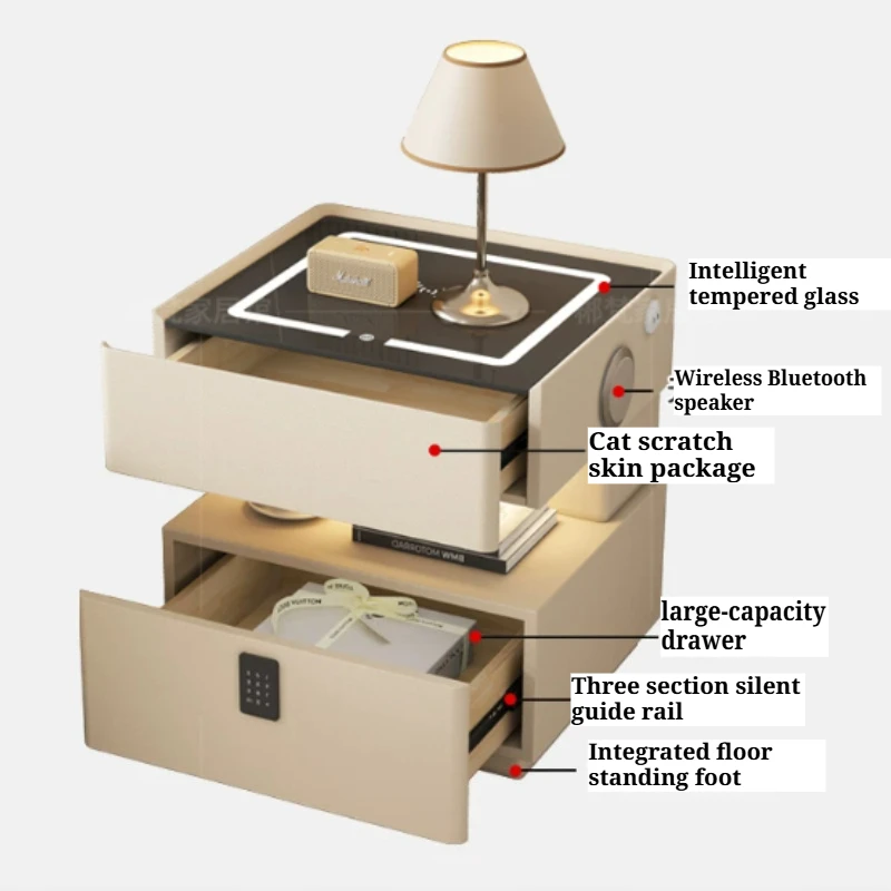 Tri Color Light Bedside Table Wireless Charging USB Bluetooth Speaker Password Lock Nightstand Storage Locker Room Furniture