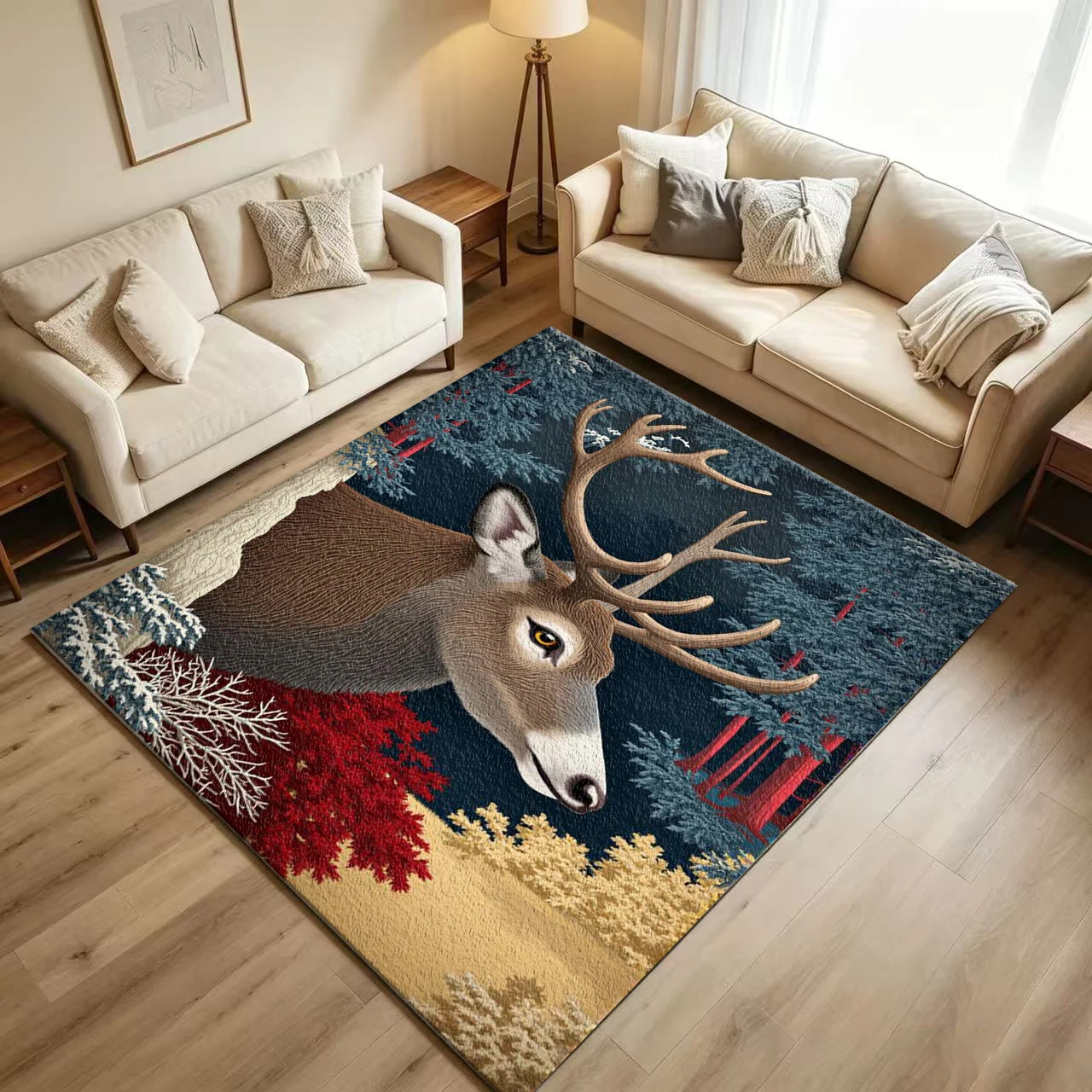 Forest Deer Wildlife Art Carpet Flooring, Vivid Animal Scenery Non-Slip Floor Rug for Living Room Bedroom Home Decor