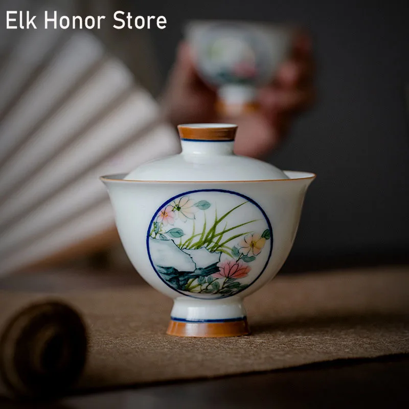 

125ml Pure Hand-painted Flower Art Tea Tureen High Foot Ceramic Covered Bowl Tea Maker Not Hot Gaiwan Household Kung Fu Tea Set