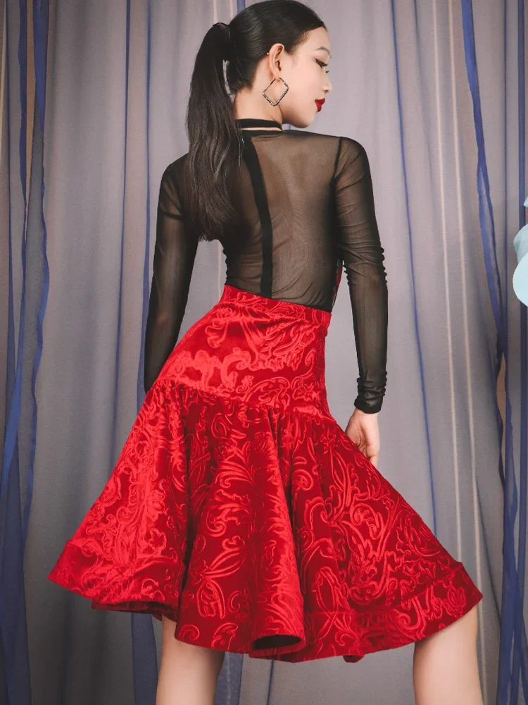 ChaCha Rumba Competition Dress Latin Dance Performance Costume Mesh Long Sleeve Tops Red Velvet Skirt Practice Clothes