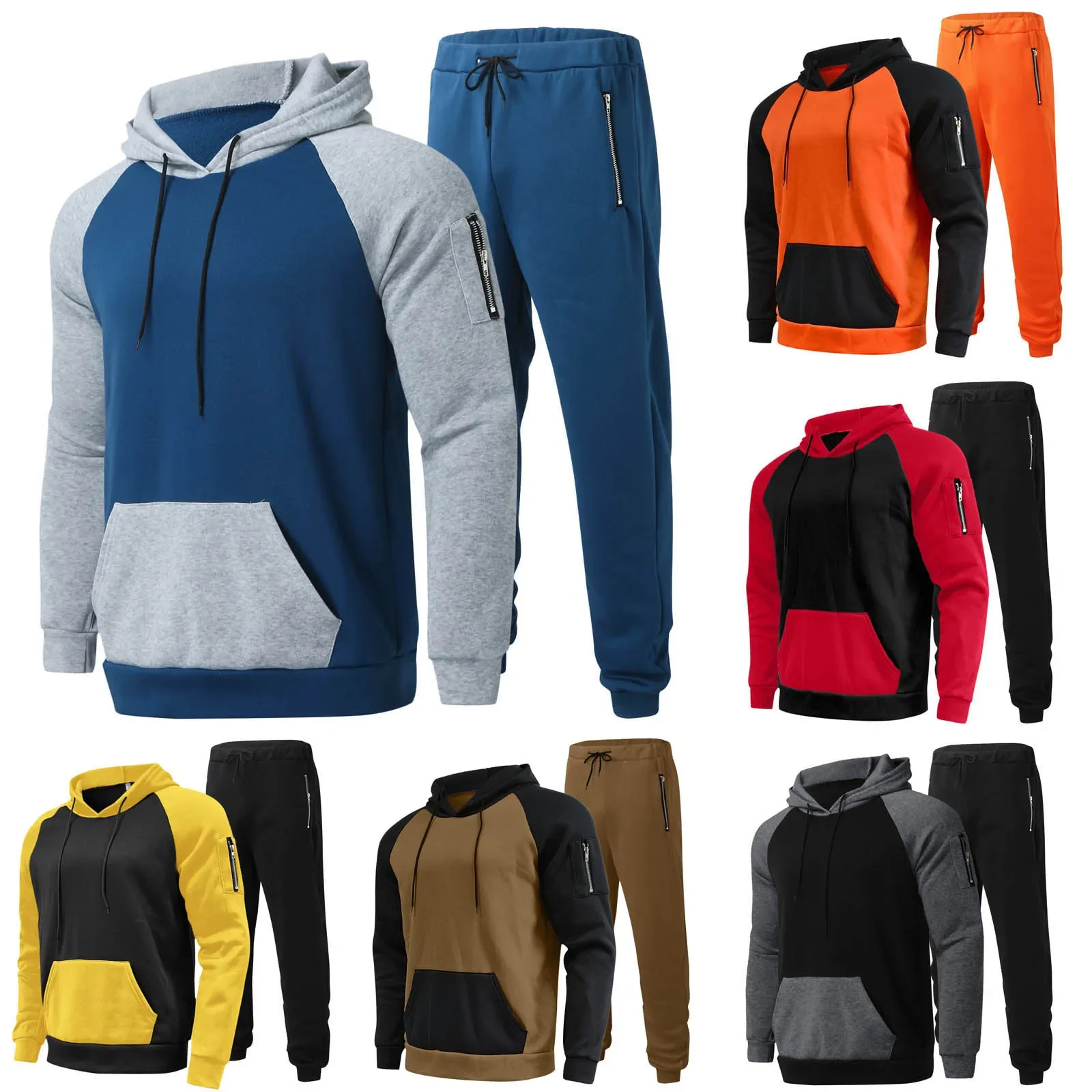 Setelan ritsleting pria, dua potong kasual Lengan saku hoodie Tracksuit pria Set celana setelan olahraga hoodie elegan