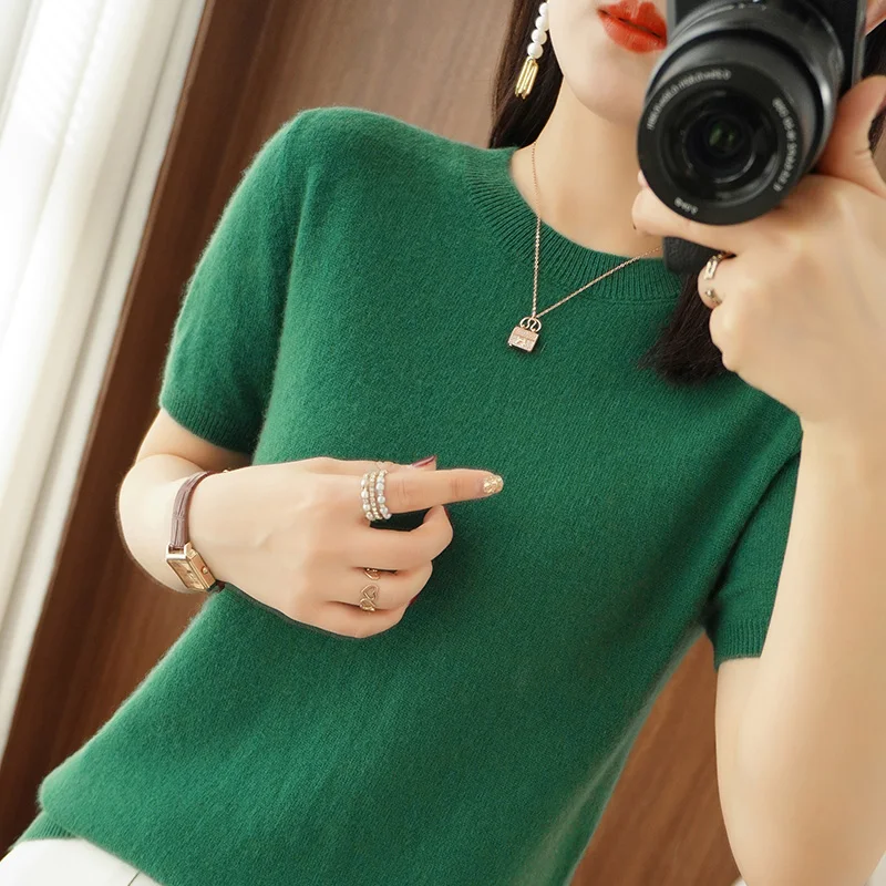 2024 New Spring and summer Cashmere short sleeve Women O-Neck Short-Sleeved Cashmere short sleeve Women
