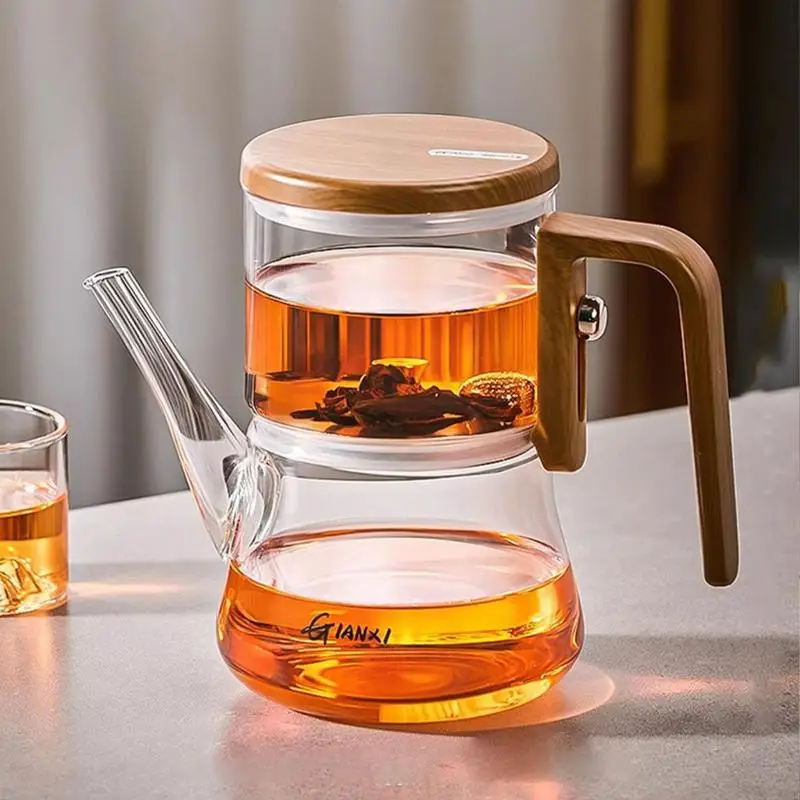 Wooden Handle Glass Teapot Water Separation Removable Infuser Drip-Free Spout Tea Kettle For Flower Tea, Loose Tea Brewing