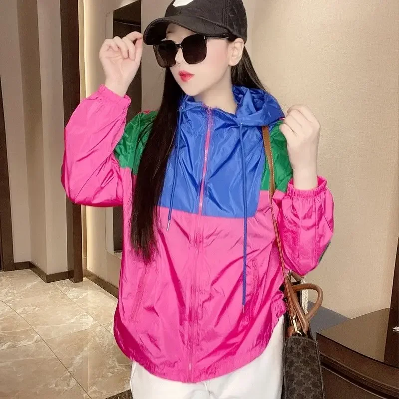 Spring Summer Women Hooded Jacket Long Sleeve Sweatshirt Sunscreen Clothing Patchwork Streetwear Coats Korean Fashion Thin Tops