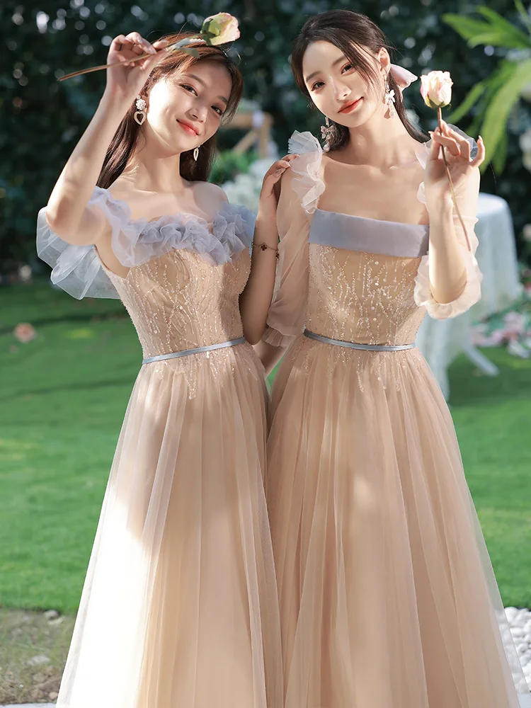 Temperament  Long Bridesmaid Dress Elegant Contrast Color Sequins Beadings Formal Vestidos Sisters Group Gown Graduation Dress