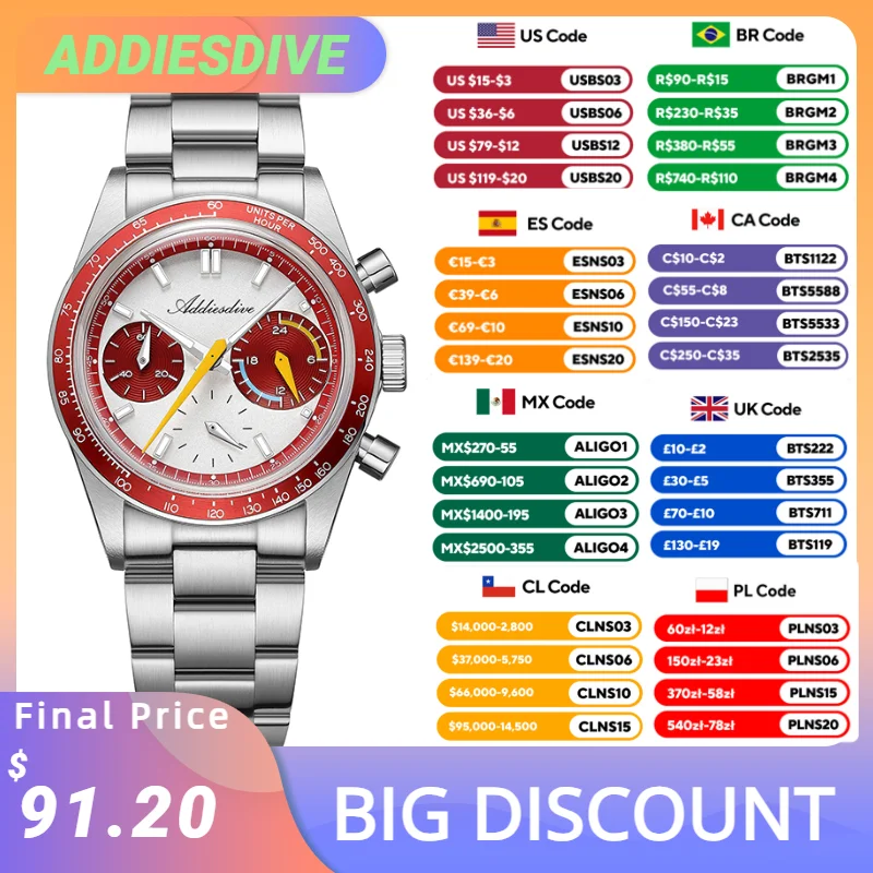 ADDIESDIVE 37mm VK63 Herrenuhr Multifunktions-Chronograph Quarzuhren AD2539 Relógio Masculino Bubble Mirror Glass NEUE Uhr