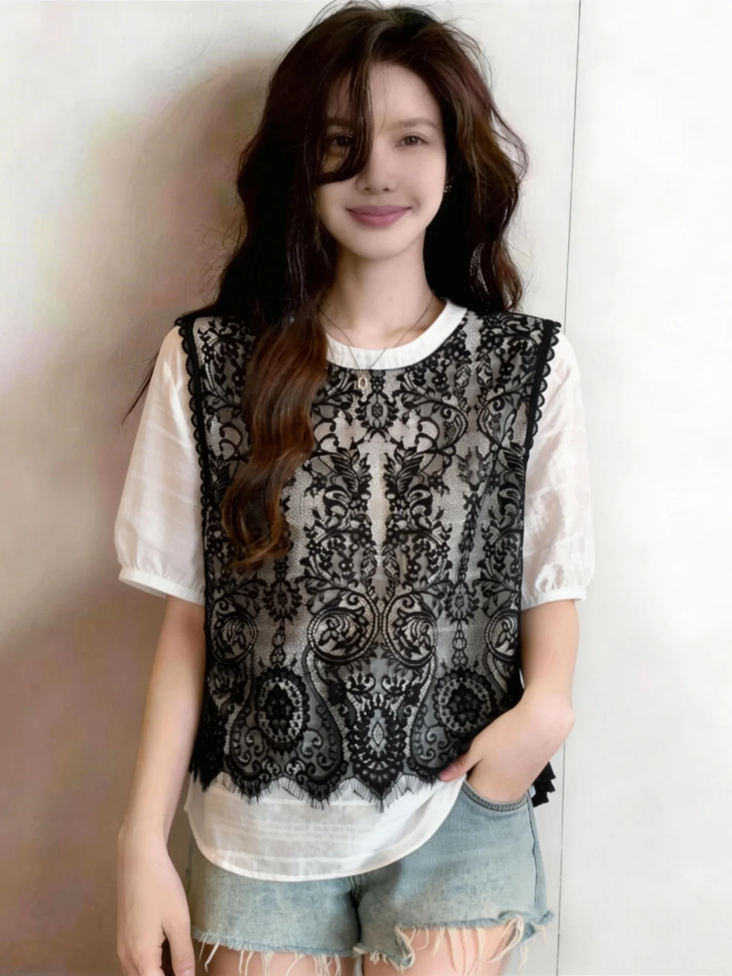 

Chic Lace Splice Short Sleeve Shirt Women's Summer Fashion plus Size Slimming Stylish Korean Style Commute Wind Loose Fit Top