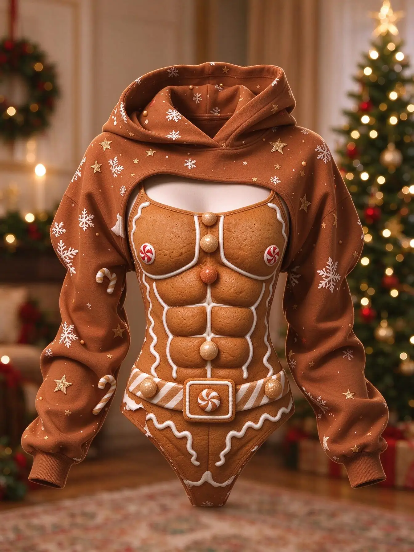 Women Christmas Gingerbread Man Print 2Pcs Outfit, Long Sleeve Hooded Shrug & Slim Cutout Bodysuit Set